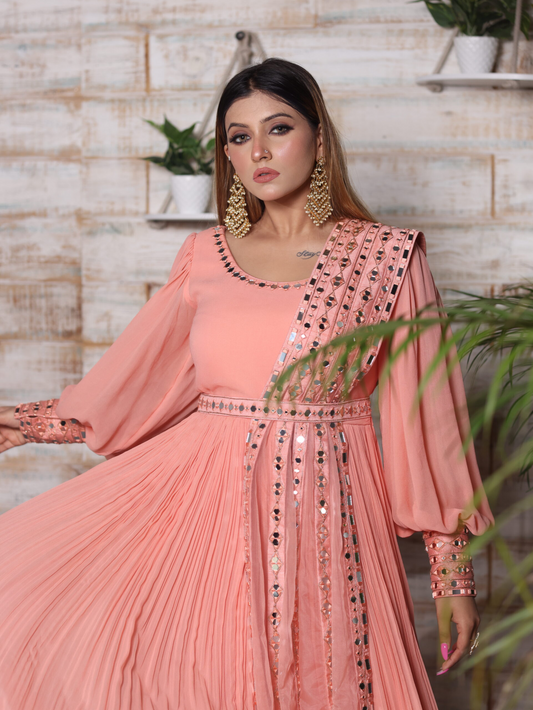 Peach Mirror Work Anarkali