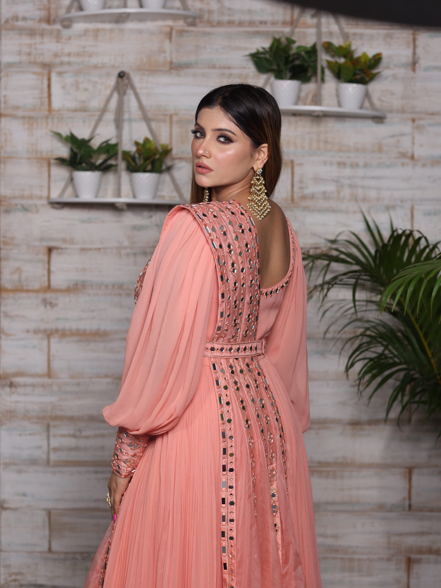 Peach Mirror Work Anarkali