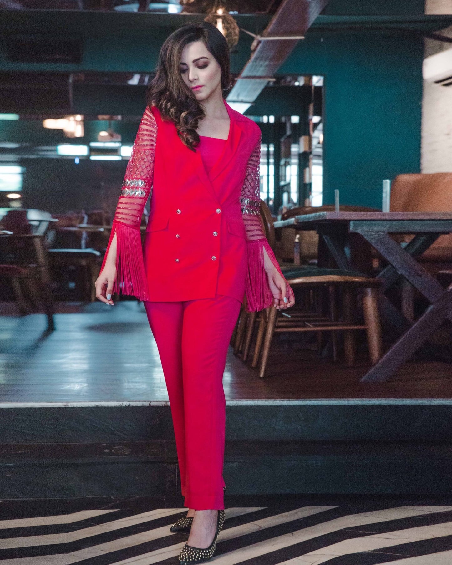 Hot Pink Embellished Sleeves Blazer Set