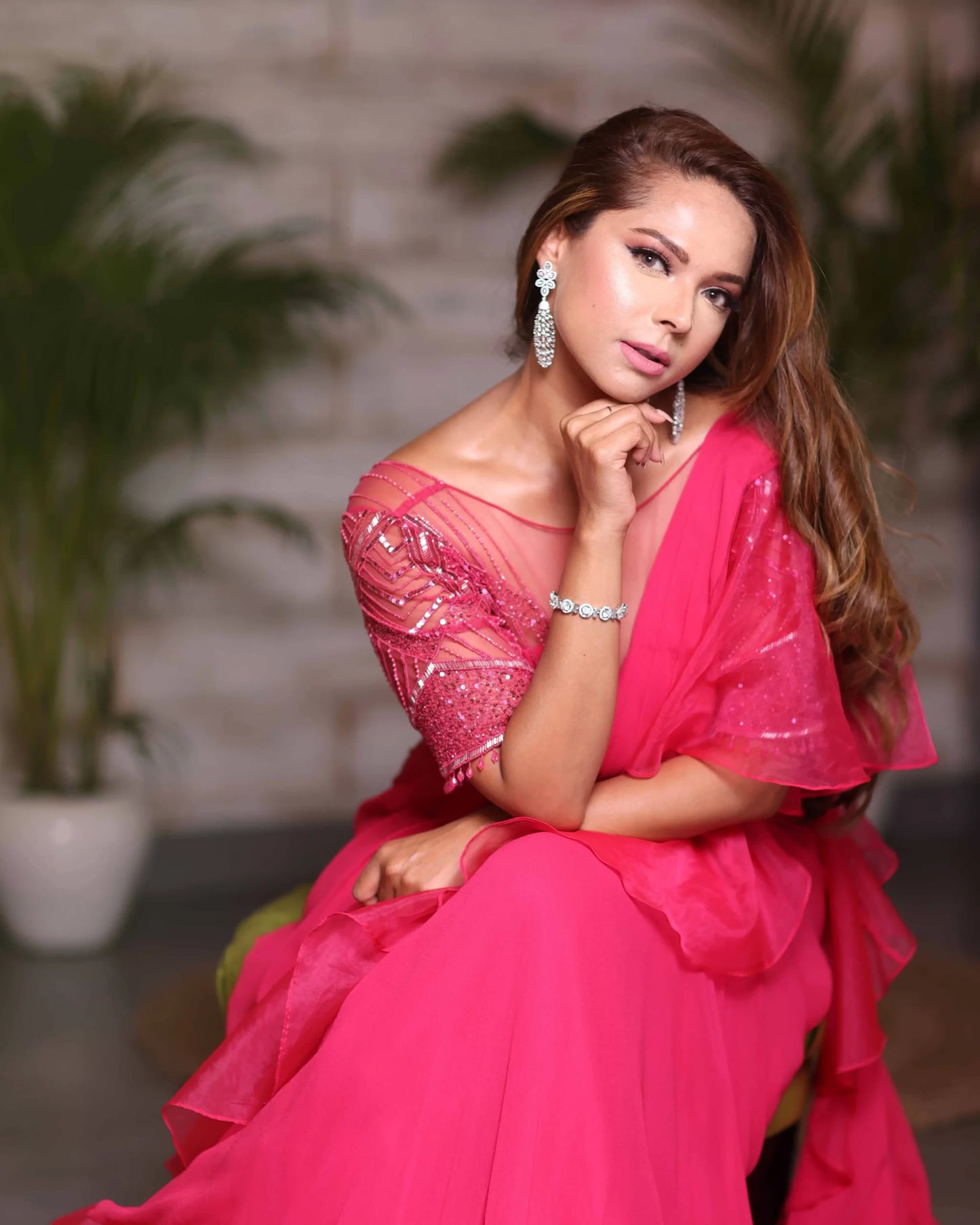 Hot Pink Ruffled Drape Saree