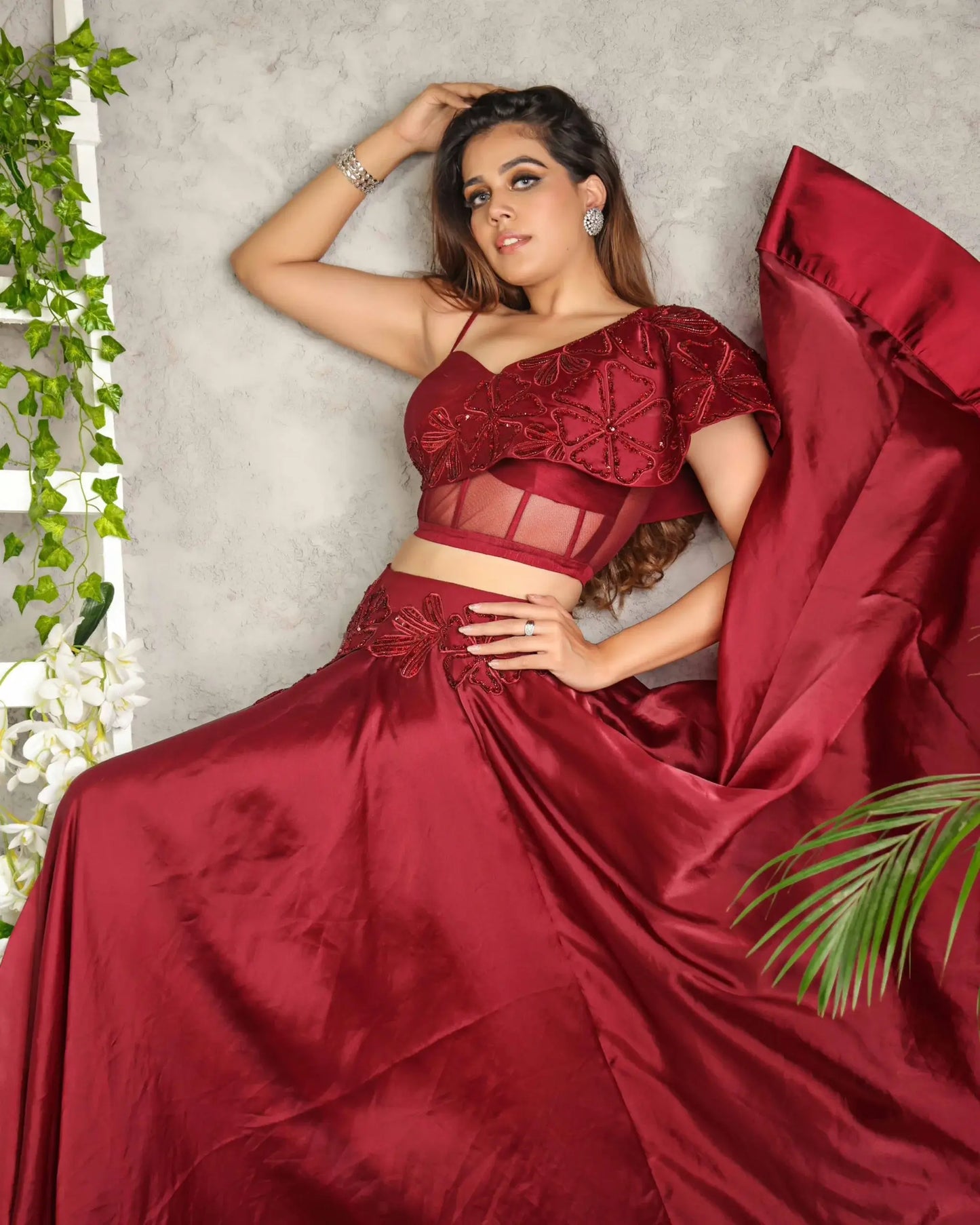 Maroon Corset Blouse And Skirt