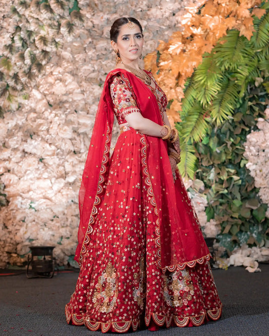 Red Heavy Floral Lehenga