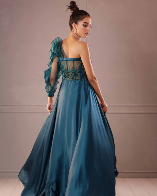 Teal Green Ruffled Sleeve Gown