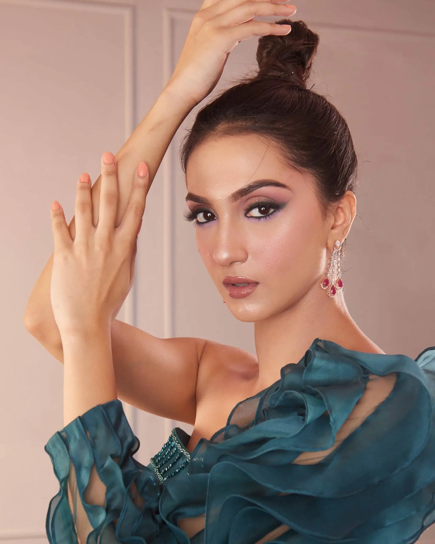 Teal Green Ruffled Sleeve Gown