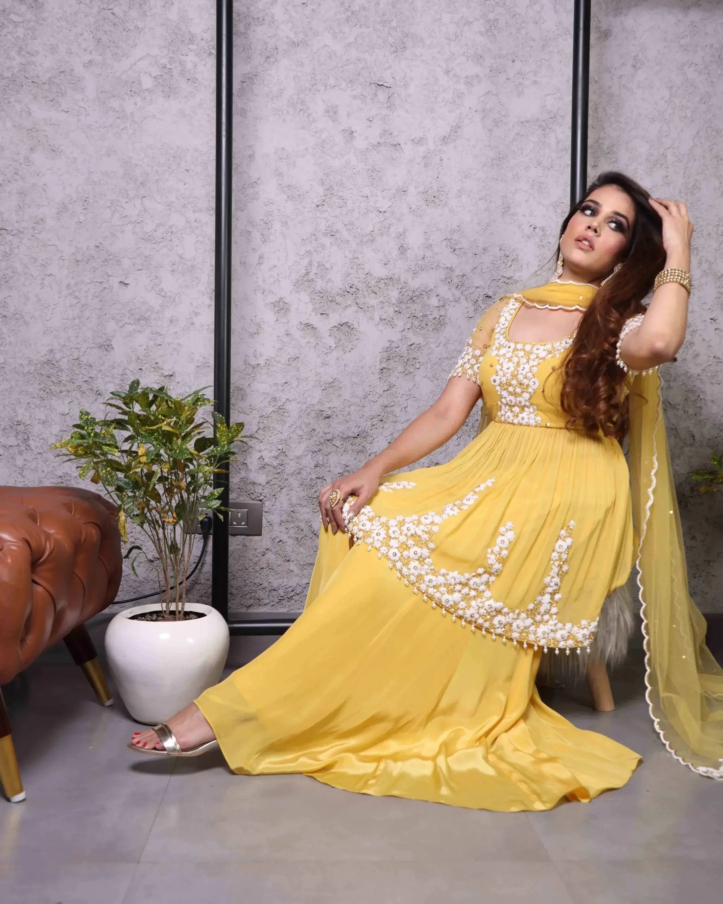 Yellow Dori Work Sharara Set
