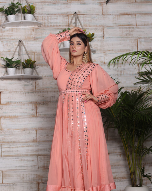 Peach Mirror Work Anarkali
