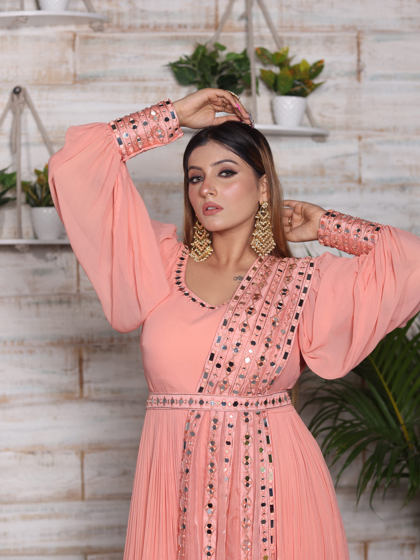 Peach Mirror Work Anarkali