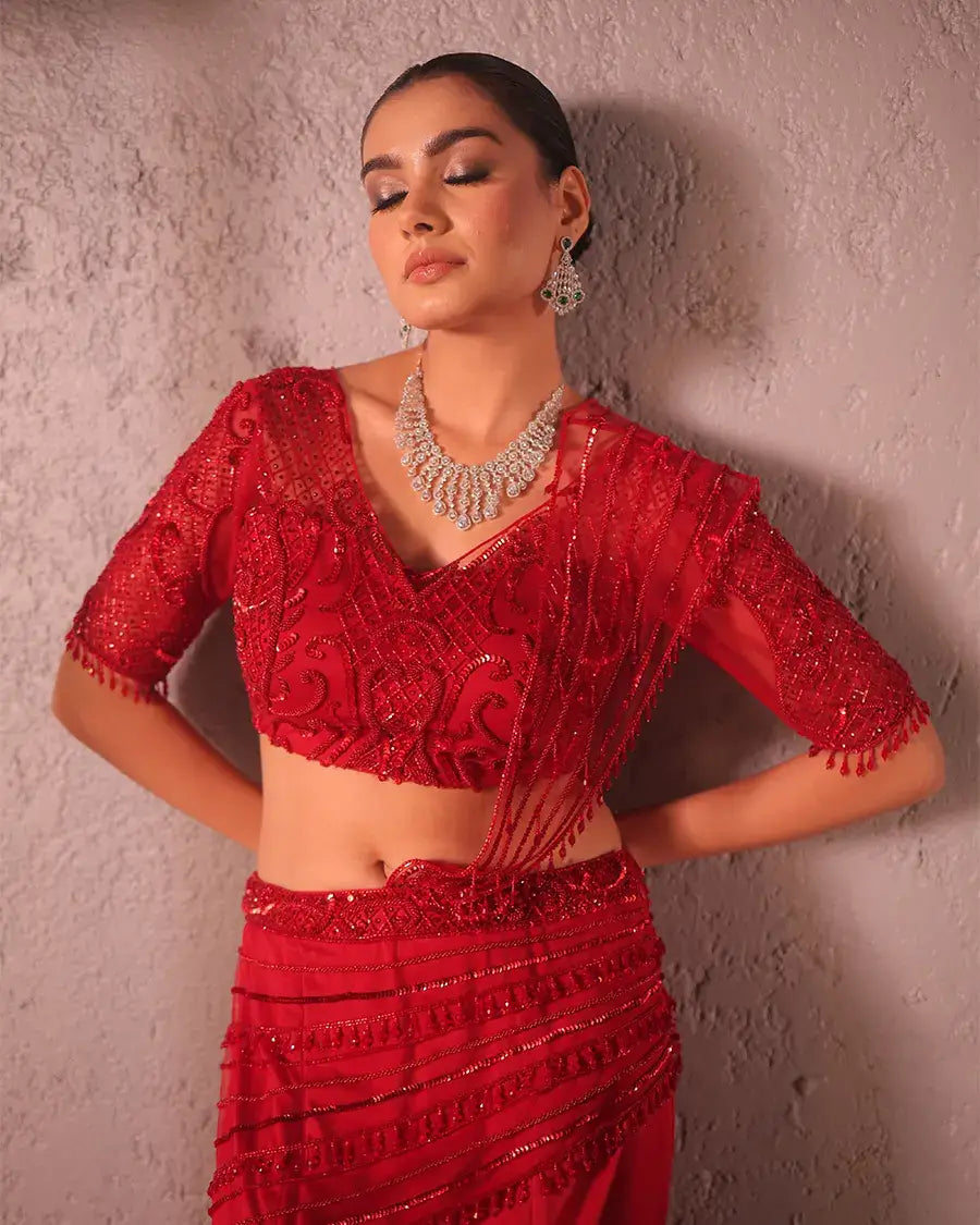 Red drape saree