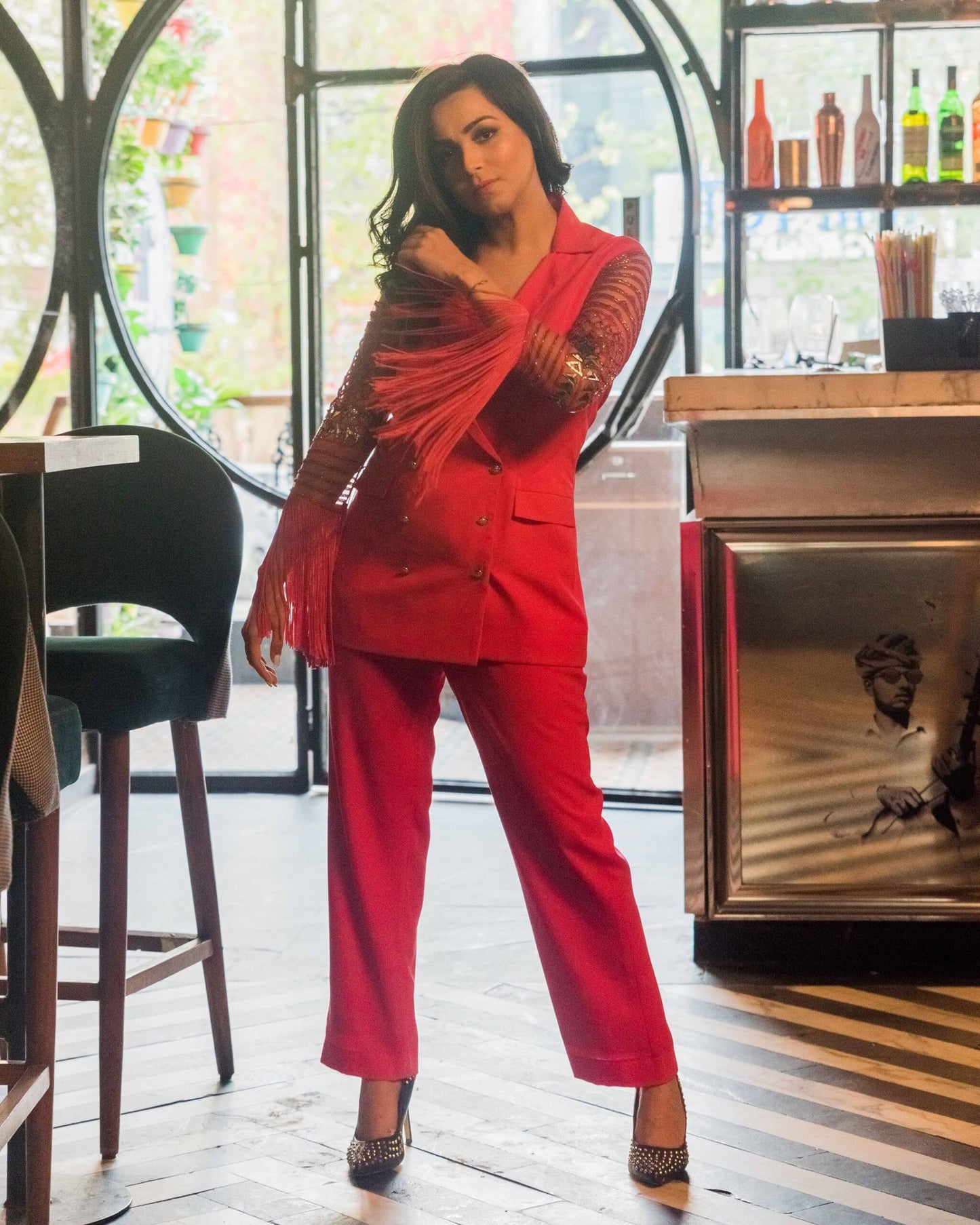 Hot Pink Embellished Sleeves Blazer Set