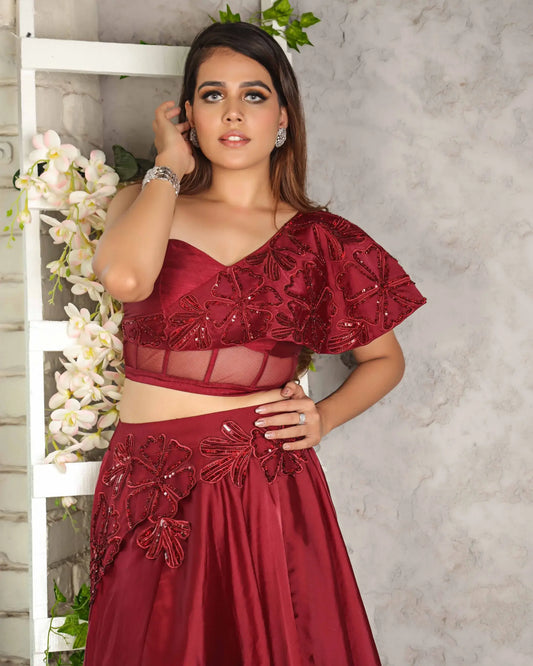 Maroon Corset Blouse And Skirt