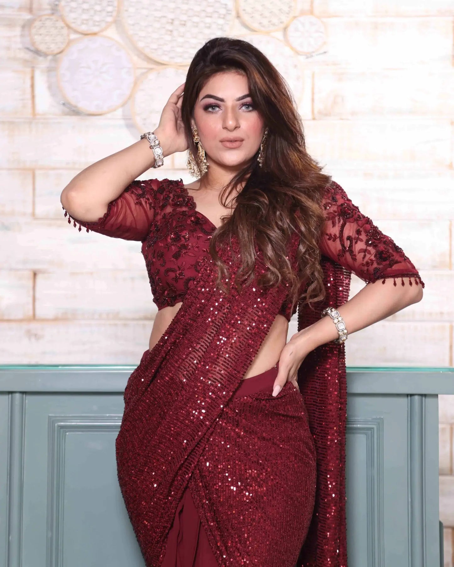 Ox Blood Sequin Draped Saree