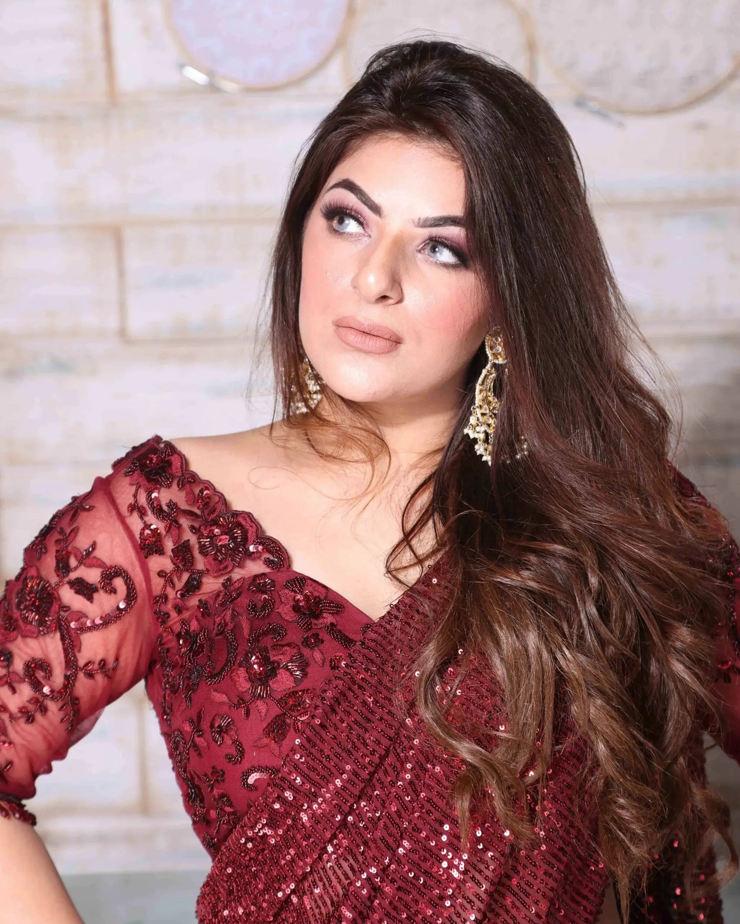 Ox Blood Sequin Draped Saree
