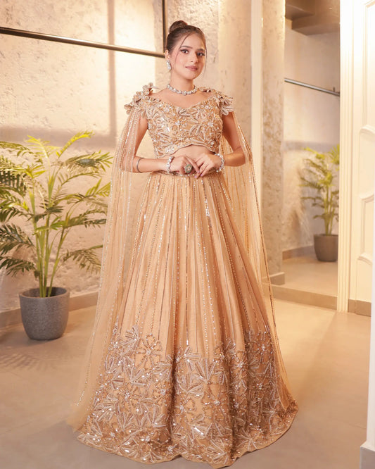 Gold 3D Work Lehenga