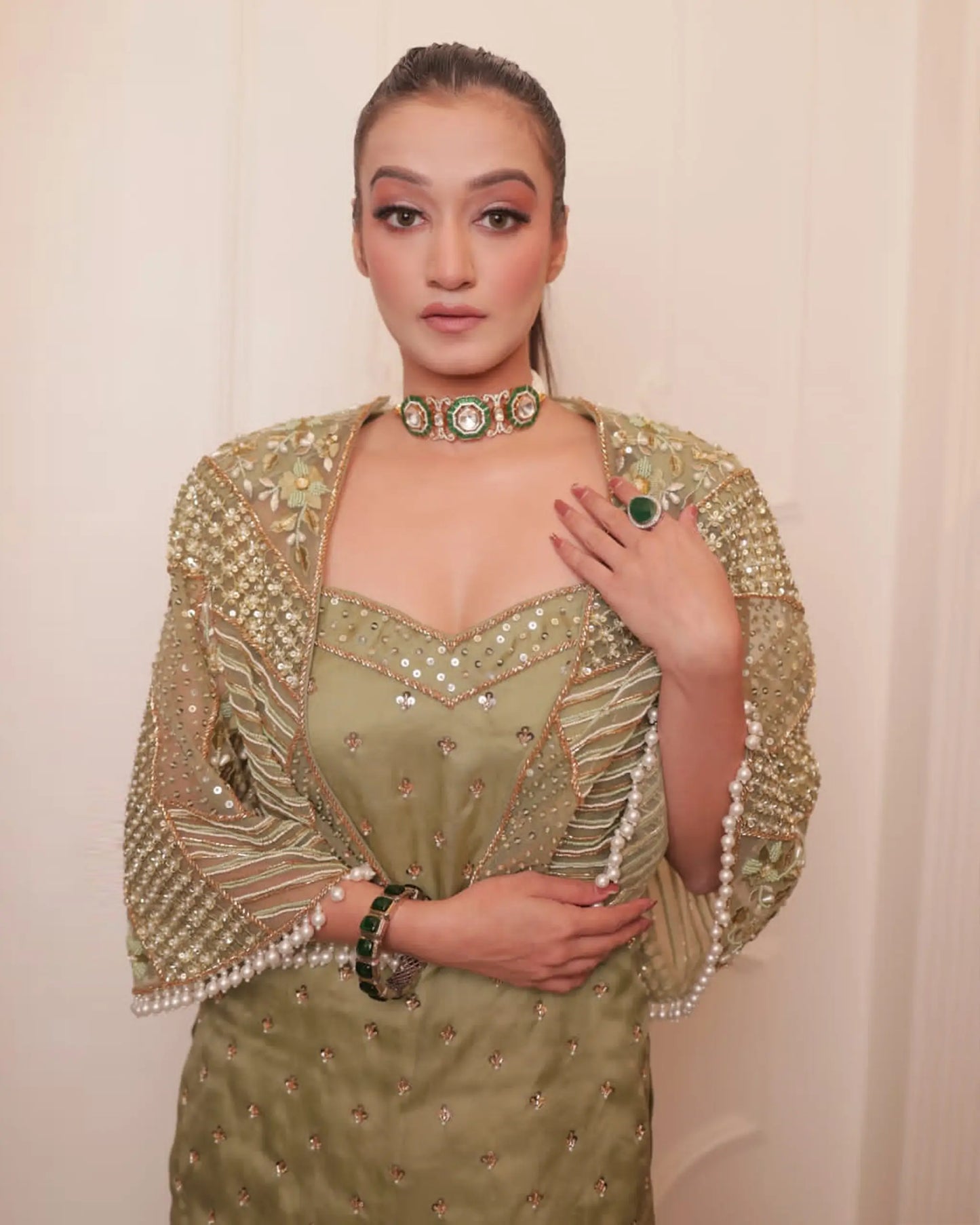 Mint Green Cape With Organza Shirt And Pants