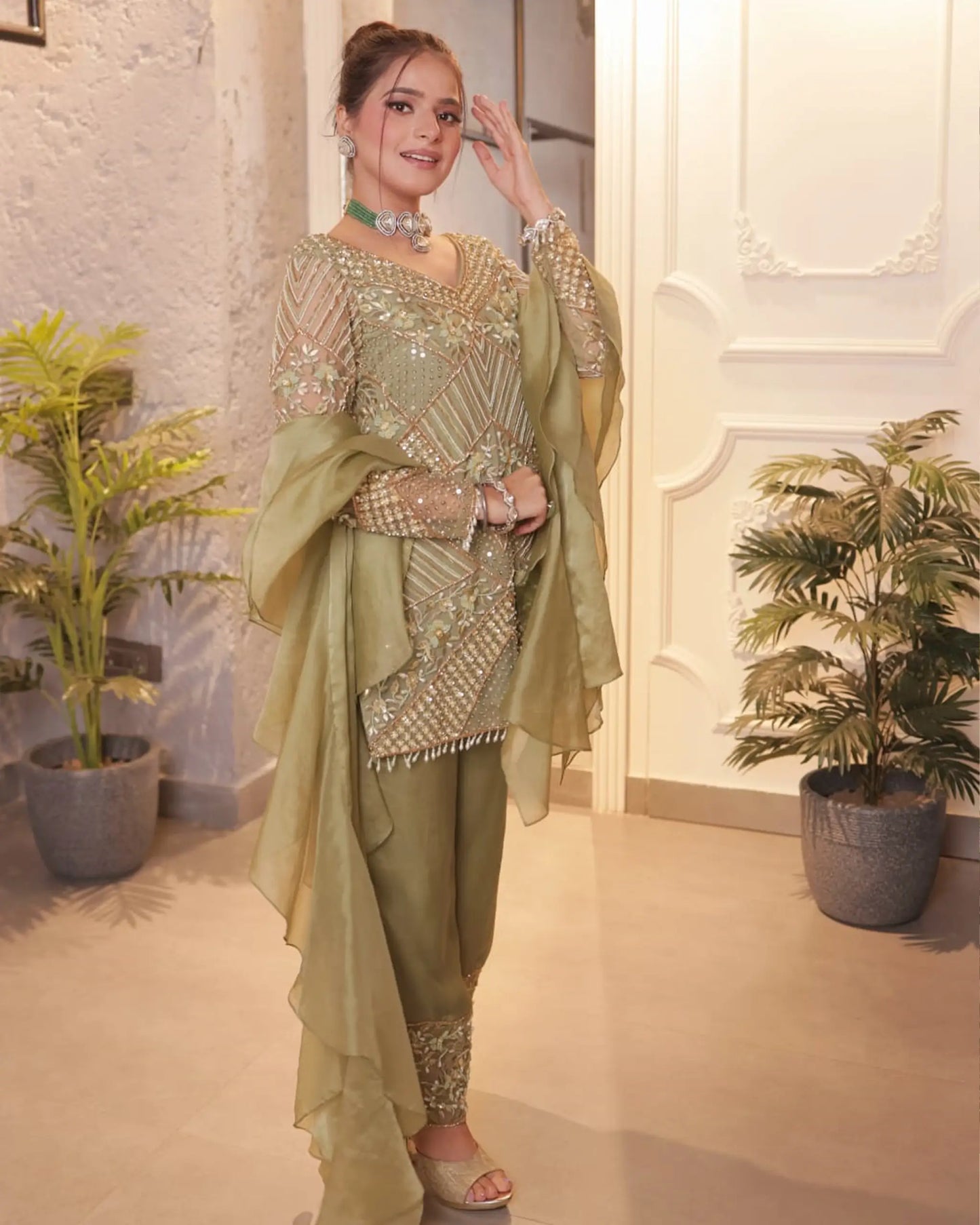 Mint Green Outfit With Organza Stole