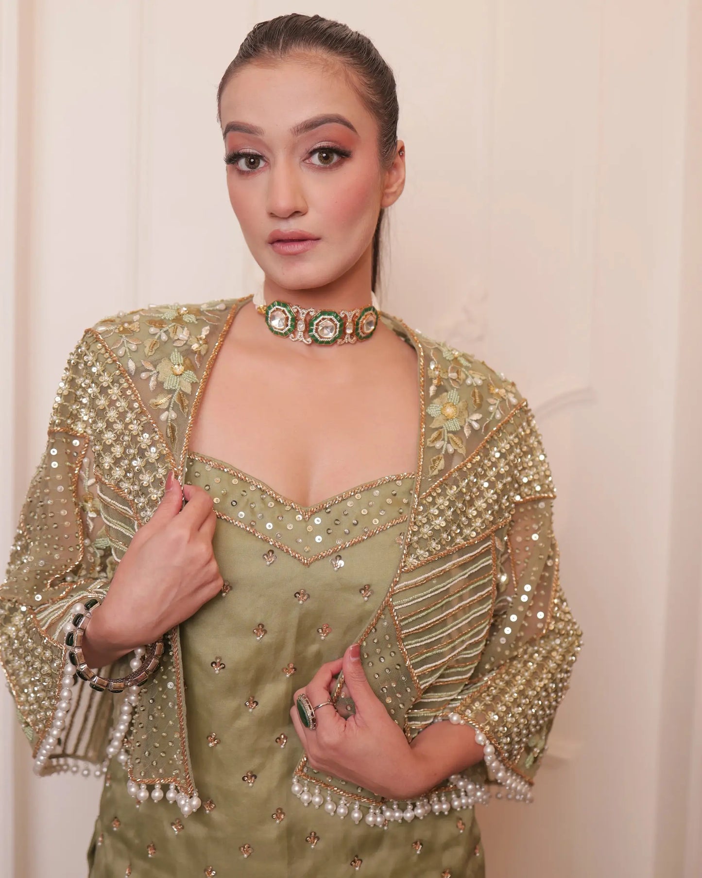 Mint Green Cape With Organza Shirt And Pants