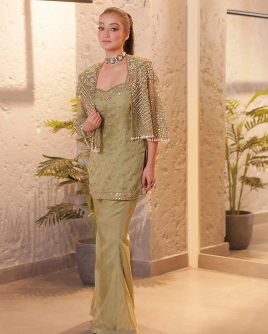 Mint Green Cape With Organza Shirt And Pants