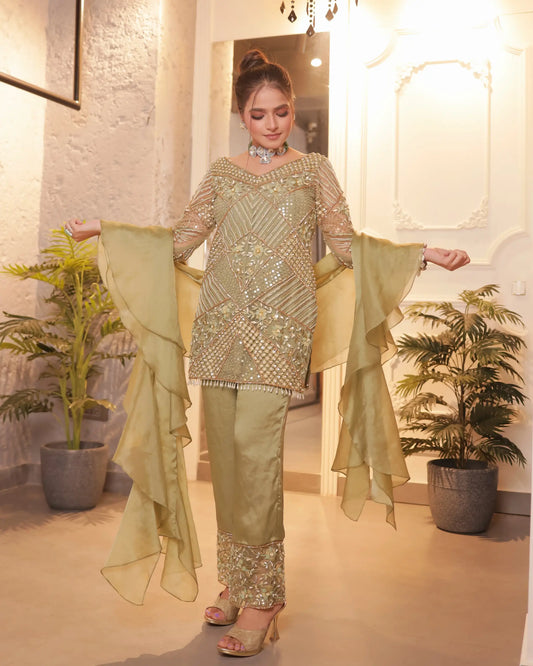 Mint Green Outfit With Organza Stole