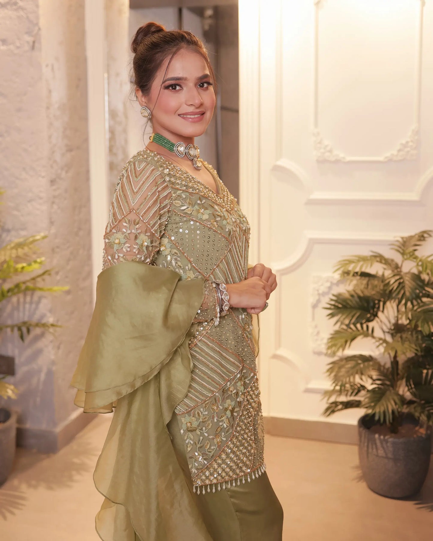 Mint Green Outfit With Organza Stole