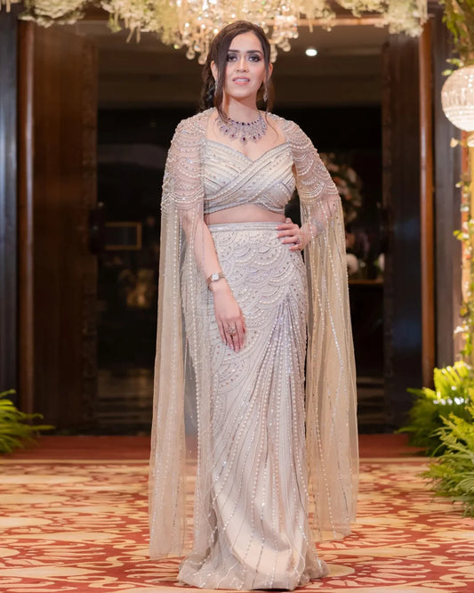 Ivory Drape Sleeve Top And Skirt