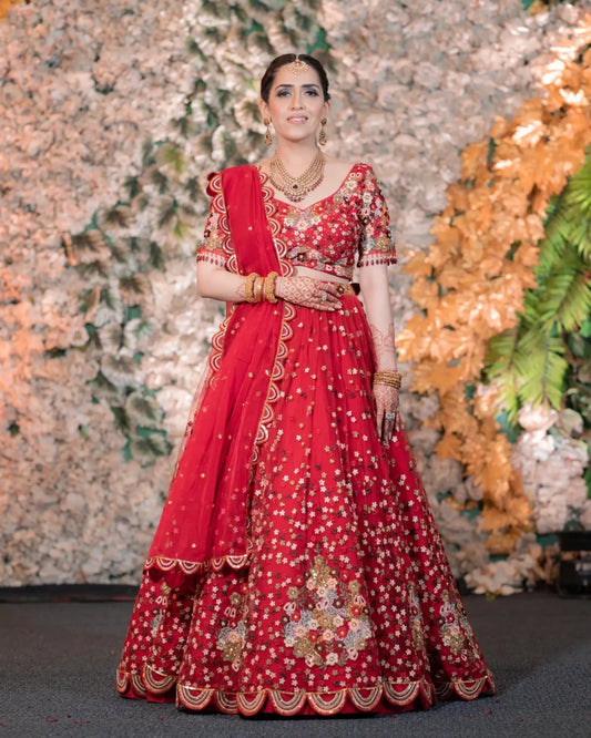 Red Heavy Floral Lehenga