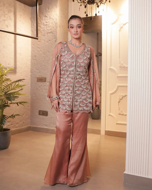 Champagne Mirror Work Jacket And Pants