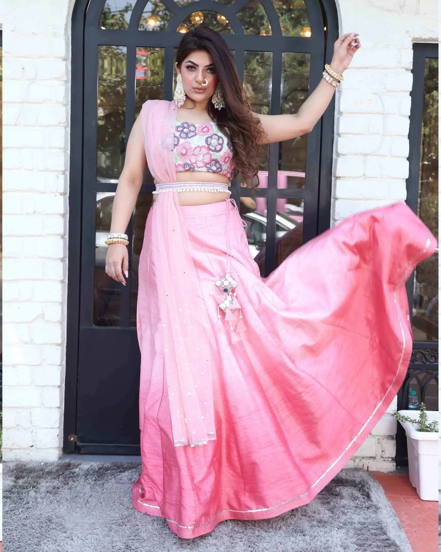 Pink Floral Blouse And Skirt
