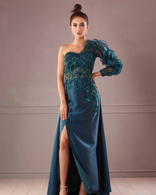 Teal Green Ruffled Sleeve Gown