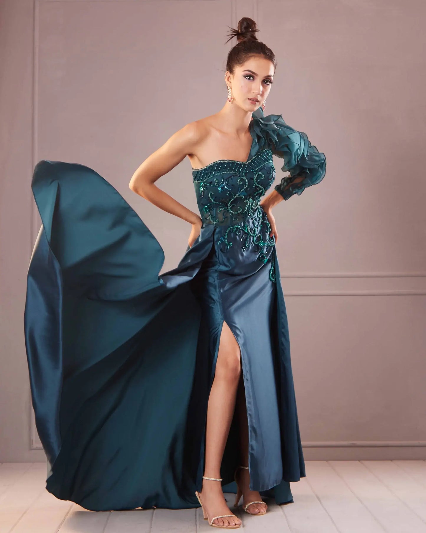 Teal Green Ruffled Sleeve Gown