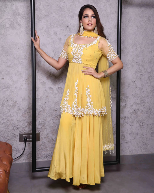 Yellow Dori Work Sharara Set