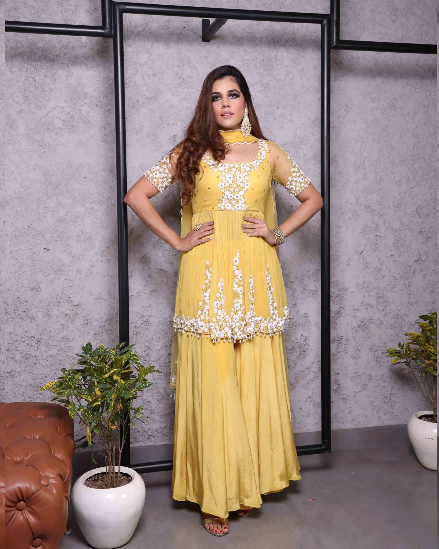 Yellow Dori Work Sharara Set