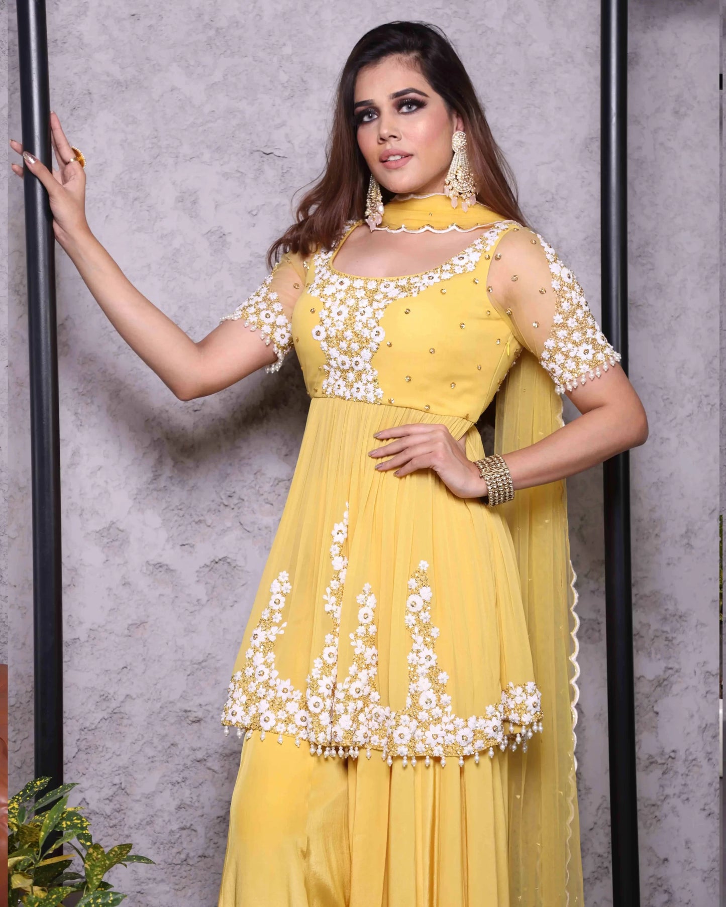 Yellow Dori Work Sharara Set